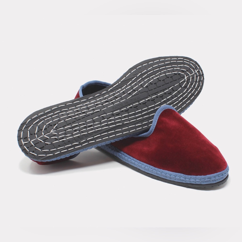 Women’s Burgundy Velvet Slip-On Flats with Blue Trim